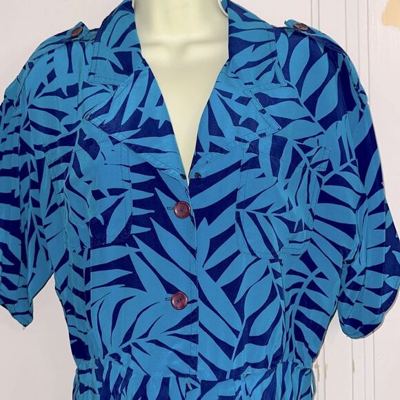 Vintage Adrianna Papell Teal and Purple Tropical Leaf Pattern Silk Dress - Picture 3 of 8